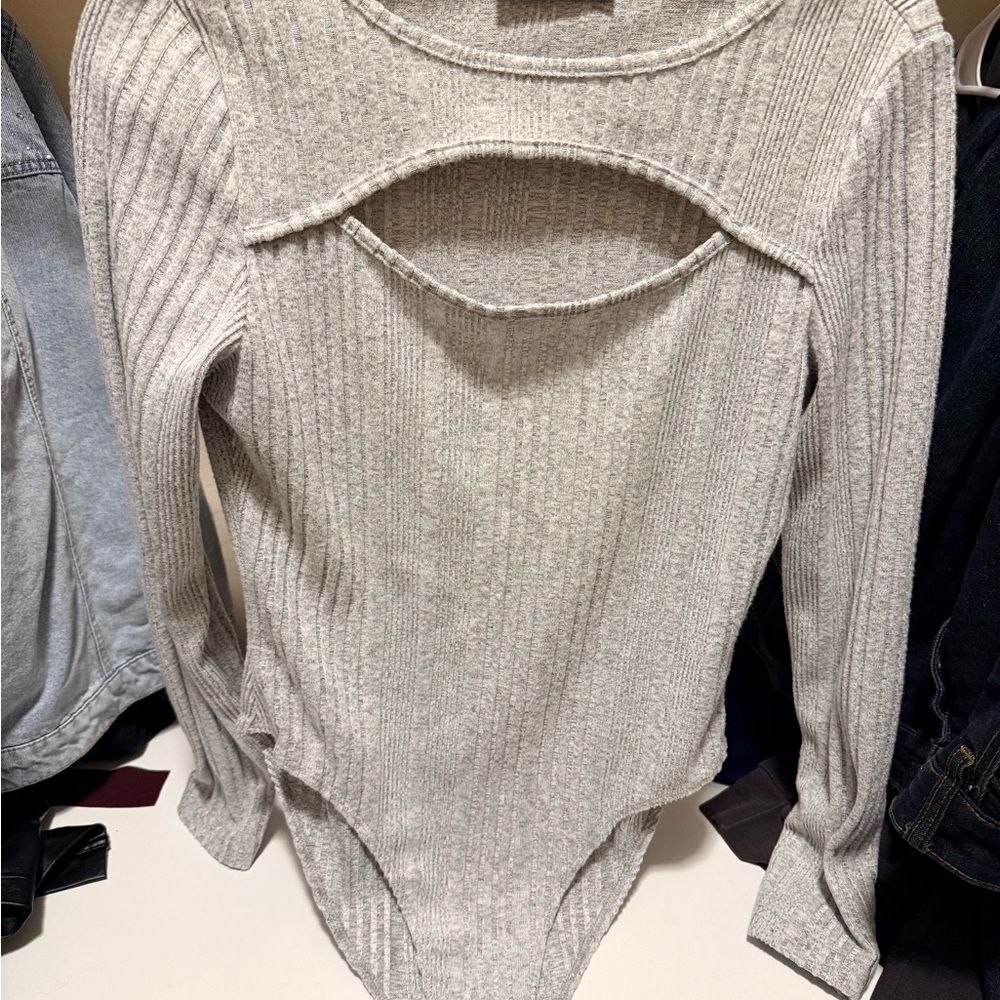 Cider Light Gray Ribbed Cutout Bodysuit